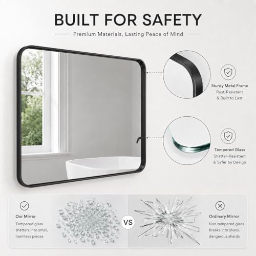 Image of 30 inchx40 inch Rounded Corners Black Bathroom Mirror - Metal Framed with HD Shatter-Proof Glass, Wall-Mounted for Over Sink, Entryway, Living Room, Bedroom