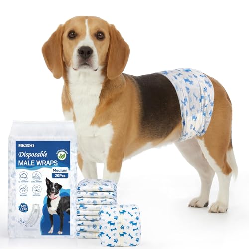 Image of MICOOYO Dog Diapers Male Disposable Super Absorbent Male Dog Wraps Lighter Dogs Diaper Leakproof Puppy Diapers Doggie Diaper with Wetness Indicator (M, 20Counts)