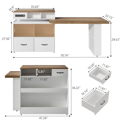 Image of Kitchen Islands with Extendable Dining Table Rolling Islands Power Outlet Mobile Storage Islands Cart on Wheels with Drawers and 2 Side Open Shelves for Dining Room, White