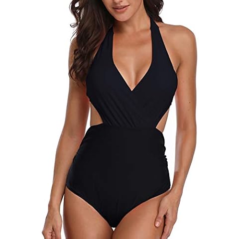 Misolin Women Swimwear One Piece Swimsuit V-Neck Cut Out Halter Swimming Costume Beach Bathing Suits Black XXL Cover