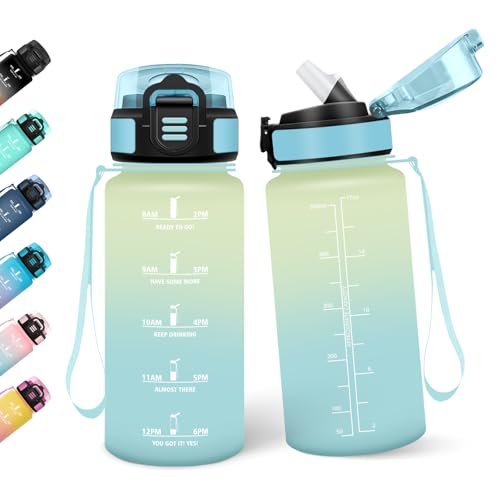 Motswedi Botella Agua Niños, 500ML Con Paja, Cantimplora Infantil, Botella de Agua Motivacional con Marcador de Tiempo, A Prueba de Fugas para Escuela - Escarcha&cielo