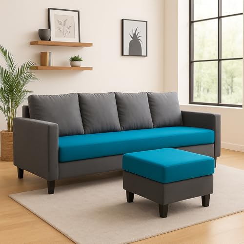 Image of FURNY Arnold 5 Seater L Shape Sofa Set with Movable Ottoman | Flexible Left or Right Layout | Plush Velvet Fabric (Dark Grey-Aqua Blue) | Perfect for Living Room, Guest Room & Office