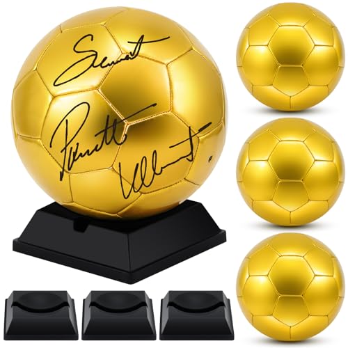 Hiboom Gold Autograph Soccer Ball with Display Stand Air Pump for Trophies Anniversary High School College Coaching Gift Awards Championship Party(4 Pcs,Size 2)