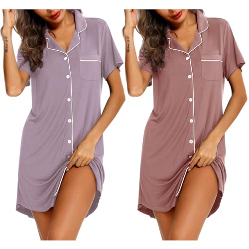 Samring 2 Pack Nightgowns for Women Short Sleeve Sleepwear Button Down Nightshirts Sleep Shirts Boyfriend Pajama Dress