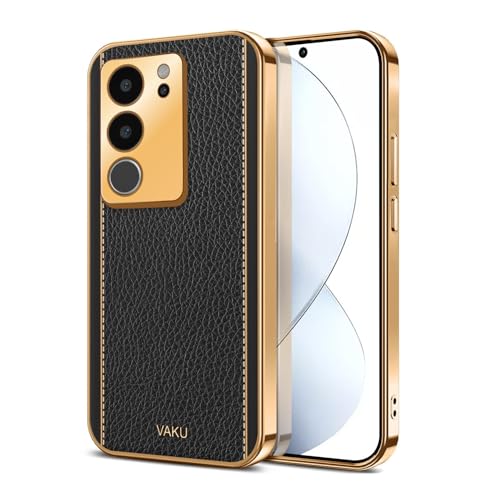 Image of Vaku Luxos Luxemberg Back Cover for Vivo V29 5G with Leather Pattern Gold Electroplated Soft TPU Cover Shockproof Protective Case- Black