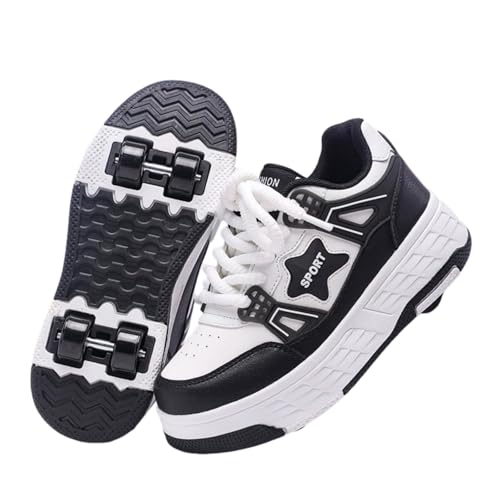 Surwin Zapatillas con 4 Ruedas Niña, Zapatos con Patines para Niñas Zapatos Deportivos de Niños con Ruedas 2 en 1 Estilo Estrella Zapatillas de Skateboard con Cordones 30-40 EU (Negro 1,30)