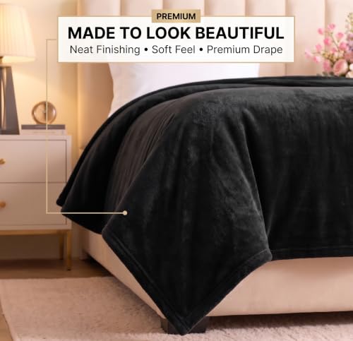 Image of BSB HOME Premium Flannel Blanket 280 GSM, Ultra Soft Plush & Cozy Warm Winter Blanket, Luxurious Double Bed Blanket for Adults, Elegant Solid Black Bedding, 90 x 86 Inches (230 x 220 cm) - Jet Black