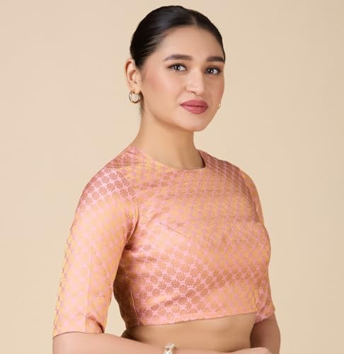 Image of Studio Shringaar Women Brocade Silky Jewel Neck Readymade Elbow Length Sleeve Saree Blouse