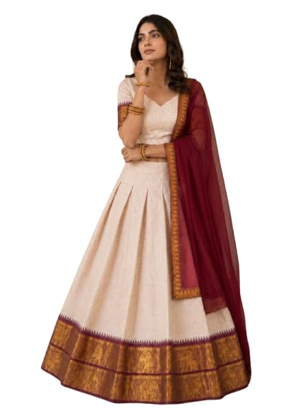 Traditional Ivory and Maroon Poly Cotton Chex With Zari Weaving Work Lehenga Choli Set with Temple Border and Contrast Dupatta-image-46