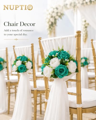 Image of NUPTIO Flower Wedding Centrepieces for Tables - 10 Pcs 9.5in Diameter Teal & White Artificial Flowers Rose Ball for Centerpieces Table - Fake Rose Arrangements for Weddings Birthday Party Decorations