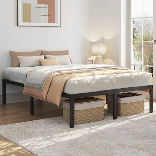 Yaheetech Marco de cama tamaño King de 41 cm, de metal sólido de 1,5 m, con base de respaldo resistente, no necesita somier, espacio de almacenamiento debajo de la cama, soporte de listones de montaje