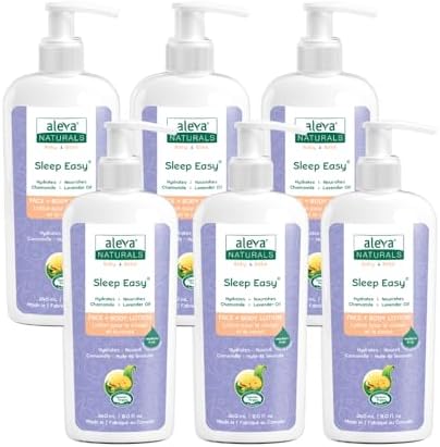 Aleva Naturals Sleep Easy Face + Body Bedtime Lotion for Babies & Toddlers, Lavender and Chamomile Oils, Perfect for Baby Massage, Made with Natural & Organic Ingredients, Mega Pack – 8 Fl Oz x 6 (1.440L), Clear