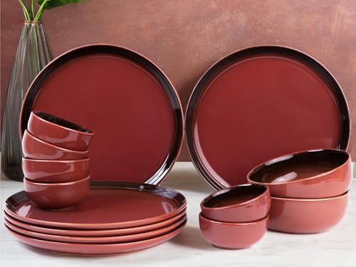 Image of Bodhi House Handcrafted Chip Resistance Porcelain Dinner Set, 14 Pieces Dish Set Serving for 6, Microwave and Dishwasher Safe, Bone-ash Free, Crockery Set for Dining and Gifting, Deep Red
