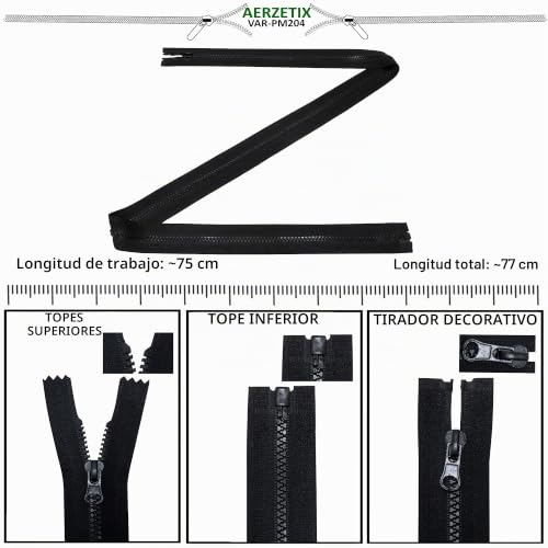 Miniatura 2 de Aerzetix - C63883 - Juego De 2 Cremalleras Inyectadas N 3 75cm Separables - Tirador Decorativo - Cursor En Metal - Color Negro - Malla Corredera Ropa Costura Mercería Chaqueta