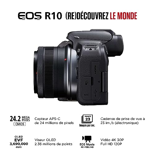 Canon EOS R10 Appareil Photo Hybride Format APS-C 24 Mpixels Noir Plus Objectif Canon RF-S 18-45mm F4.5-6.3 is STM Standard