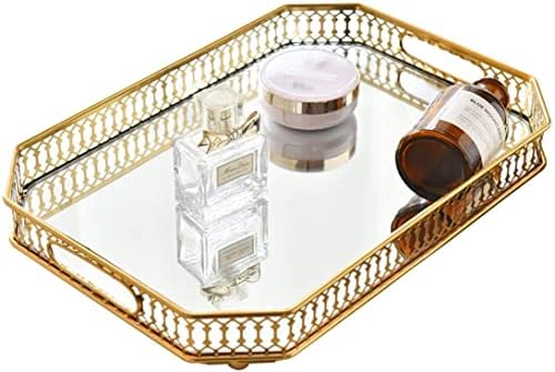 Mirror Tray, Perfume Tray, Vanity Makeup Decorative Jewelry Tray with Metal for Dresser Bathroom Bedroom Countertop Organizer, Large Size 13.8" X 9.6", Gold