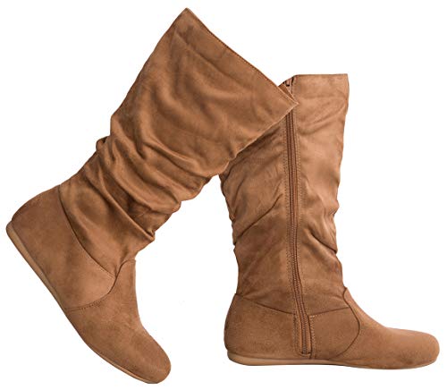 Olivia K Womens Low Heel Mid-Calf Slouchy Suede Slip On Casual Boots with Side Zipper