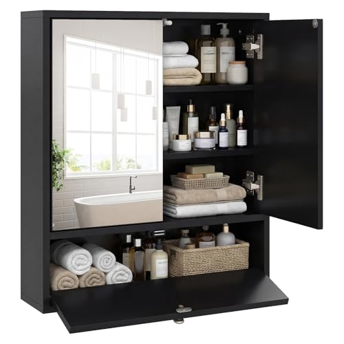 COSTWAY Bathroom Mirror Cabinet Wall Mounted Storage Cupboard with Shelf Home Kitchen Living Room Display Organiser Unit (Double Door + Compartment Black)