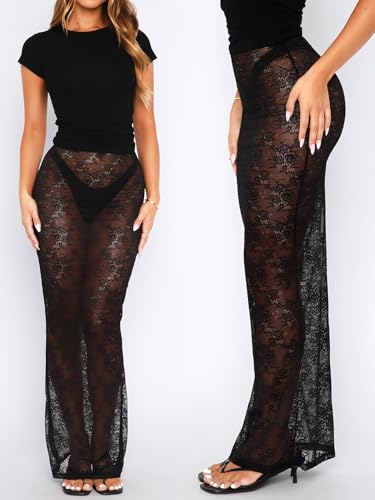 Sheer Mesh Lace Maxi Skirts for Women Bodycon Pencil Skirt See Through Rave Vacation Beach Coverup Long Skirt3