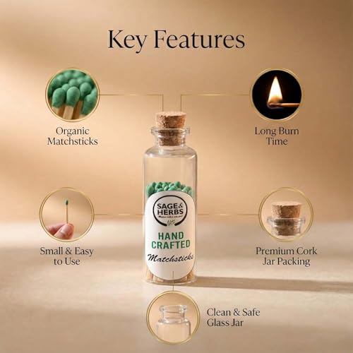 Image of Sage & Herbs 40 Small Matchsticks | Organic Matchsticks | Multipurpose Use | for Home, Temple & Office Use | Long Burn Time | Borosilicated Cork Jar Packing (Green, Small) (Pack of 2)