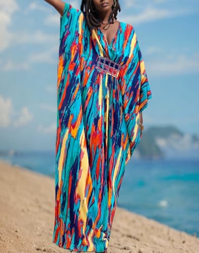 Women Beach Cover up V neck Caftan Loungewear 3/4 Sleeve Swimsuit Cover Up Kaftan Dress Loose Fit Ankle Length Muumuu3