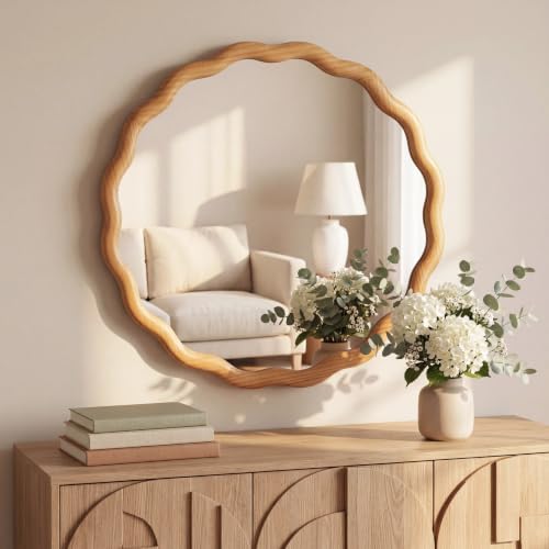PERFNIQUE Scalloped Round Mirror 24 Wood Framed Nursery Wall Mirror with Tempered Glass Decorative Wavy Edge Circle Mirror for Bedroom Entryway or Living Room
