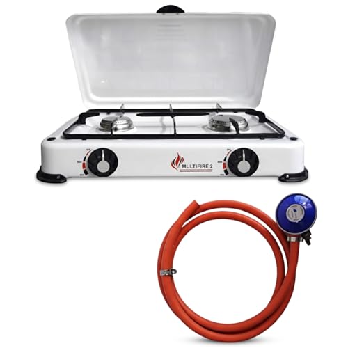BRENNER Double Burner Gas Camping Cooker – Lightweight Portable Outdoor Stove with Enamel Lid & Butane 21mm Clip-on Regulator for BBQ, Picnics & Festivals