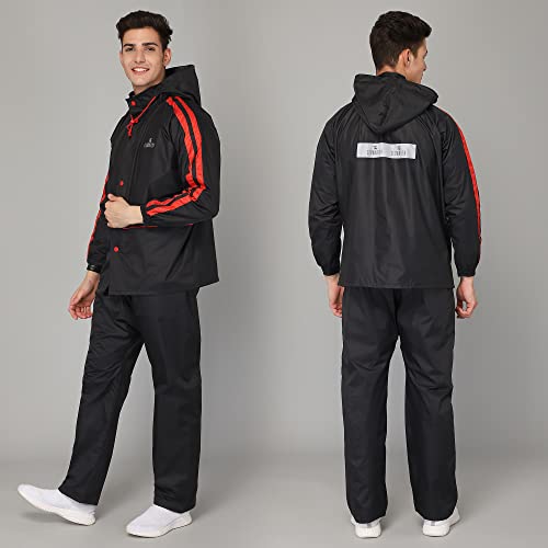 Image of The Clownfish Cyrus Series Men's Waterproof Polyester Double Coating Reversible Raincoat with Hood and Reflector Logo at Back. Set of Top Bottom. Printed Plastic Pouch Rope