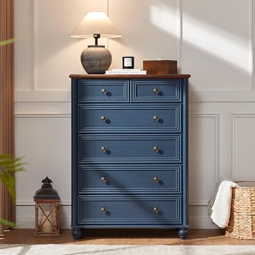 Farmhouse 6 Drawer Dresser Set of 2, Chest of Drawers for Bedroom, 43.5" Tall Blue Dresser with Roman Column, Rustic Wood Storage Dressers Organizer for Living Room, Hallway, Closet
