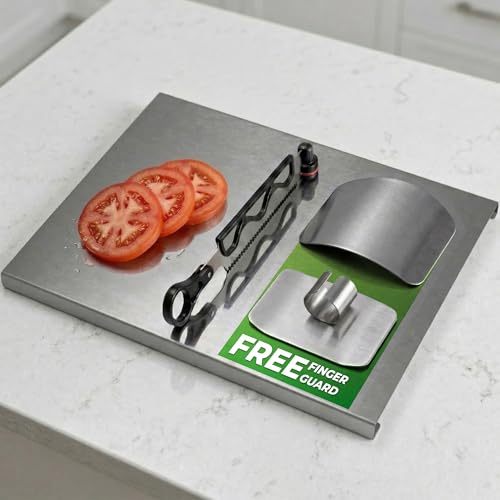 Image of All in One Stainless Steel Chopping Board with Attached Knife,36x25 cm + Free Finger Guard .Durable Cutter Board for Vegetable Chopping,Herbs mincing.