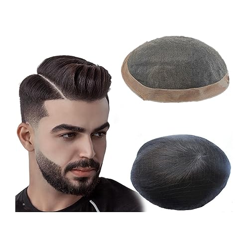 Toupet hommes Toupet for hommes, dessus mono fin et revêtement poly autour du postiche for hommes, système de cheveux humains de 6 pouces, prothèse capillaire masculine 1B#, unités de cheveux noirs na