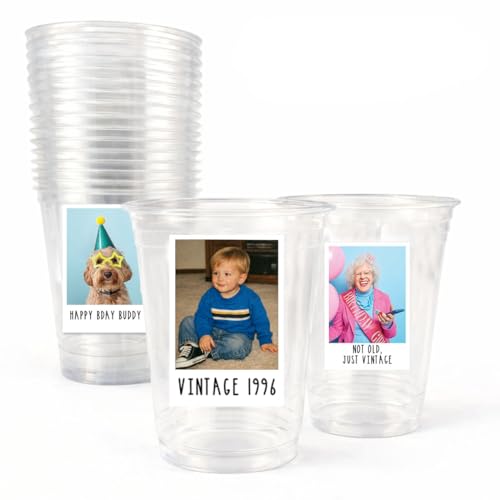 Andaz Press Custom Photo Cups for Party Personalized 16oz Plastic Cups with Picture & Text Labels Disposable Drinkware for Birthday Wedding Graduation Baby Shower Retro Est Year Theme Set of 20