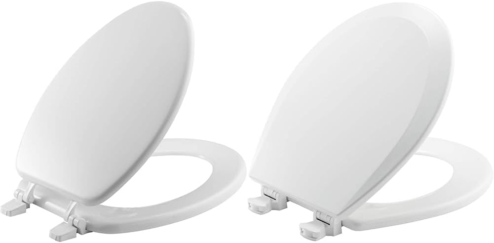 BEMIS 1400TTA 000 Economy Toilet Seat, ELONGATED, Durable Enameled Wood, White & 500EC 390 Toilet Seat with Easy Clean & Change Hinges, 1 Pack Round, Cotton White