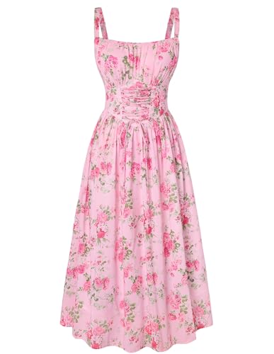 Scarlet Darkness Floral Dress for Women 2026 Corset Milkmaid Dresses Casual Summer Sundress with Pockets Full Pink L