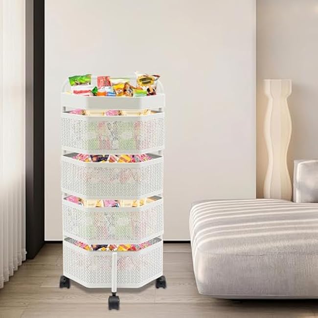 Rotating Storage Shelves, 4-Tier Removable Basket Shelf Organizer Metal Storage Tower Basket Shelves Organizer on Rolling Wheels for Fruit Vegetable Grocery Corns (White)-DCLSEAjt