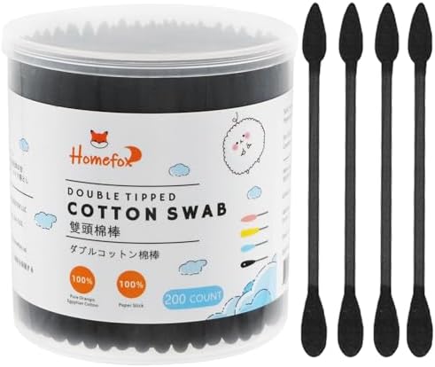 HOMEFOX Black Cotton Swabs Precision Pointed - 200 Count Organic Pointy Pointed Cotton Buds Double Side Tightly Wrapped Charcoal Cotton Tip Paper Stick Soft Gentle Cruelty-Free, Pointy & Round (Black)