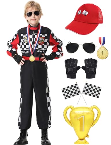 KUKIKUKI Disfraz de conductor de coche de carreras para niños, mono de corredor, disfraz de Halloween con guantes, gafas de sol, gorra de coche para niños pequeños (Negro, 110)