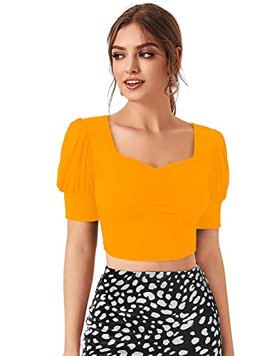 Image of Istyle Can Sweetheart Neck Ruched Front Puff Sleeve /Half Sleeve Streachable Solid /Plain Slim Fit Crop top for Women | Women's Slim FIT Crop TOP | Tops for Women
