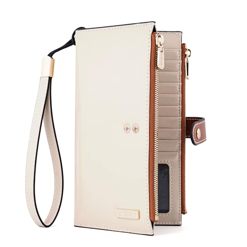 ANDOILT Women's Genuine Leather Wallet RFID Blocking Credit Card Holder Zipper Purse Cell Phone Handbag One Size B_Creamy White & Brown