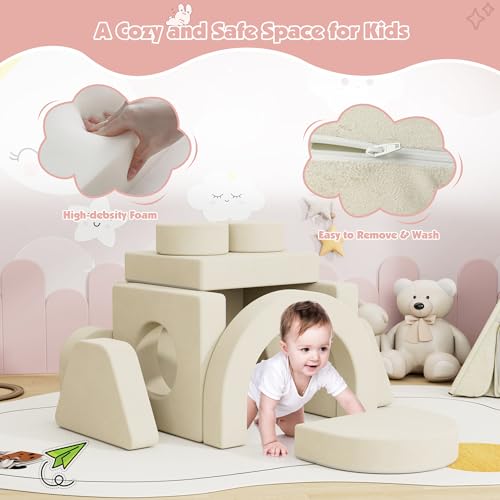 Image of HedoAjim 12 PCS Modular Kids Play Block Soft Child Couch Sofa Toddler Building Fortplay Climbing Bedroom Playroom Baby Convertible Floor Foam Cushion for Kids(Beige-Double)