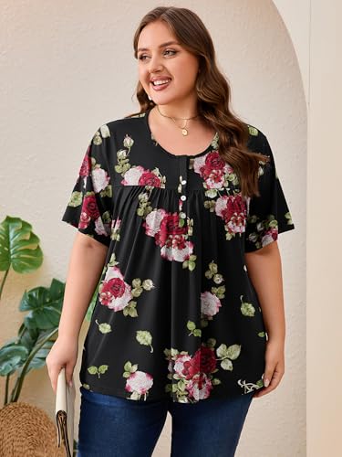 AusLook Plus Size Floral Tunic Tops for Women Pleated Babydoll Blouse Short Sleeve Round Neck Loose Fit Casual Flowy Midnight Red Rose 3X Tunic Shirts Summer Tops to Wear with Leggings — view 2