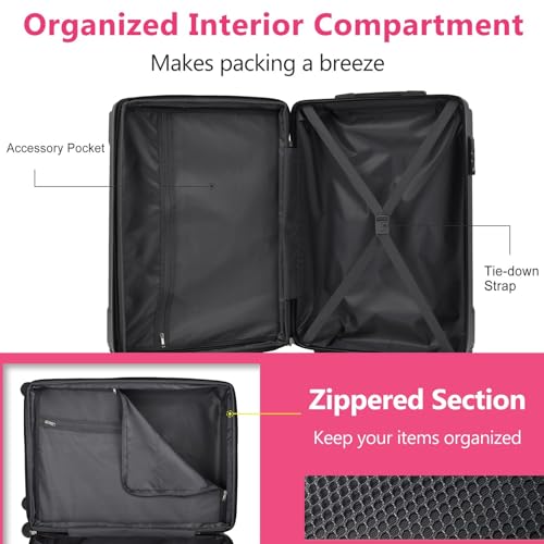 3-Piece Expandable Hard Shell ABS Luggage Set - Lightweight Travel Suitcases with Lock (20/24/28 inch, Rose Red)2