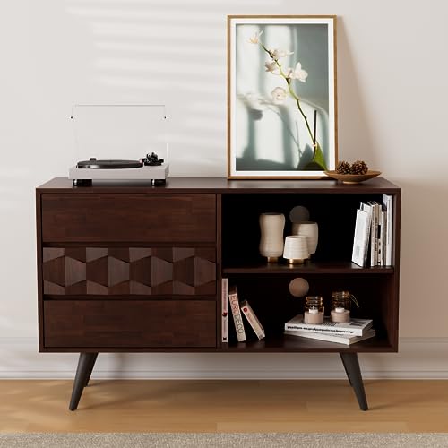 Image of Bme Georgina 45 Inch Solid Wood TV Stand, Under 10 Minutes Assembly Entertainment Center with Storage, Geometric Pattern TV Console for Living Room, Bedroom, Dinning Room - Walnut