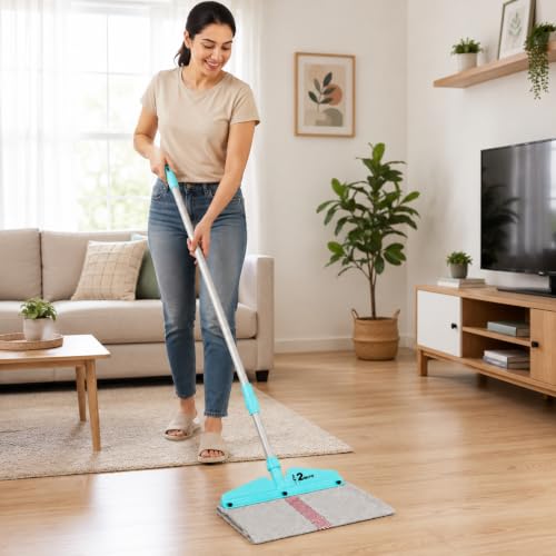 Image of Zureni Telescopic Mop with Wiper Stainless Steel Extendable Handle and Cotton Cleaner Adjustable Pole Without Bucket for Home Kitchen Cleaning Dry & Wet Floor (Pack of 1, Blue)