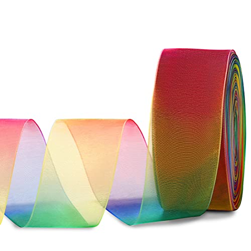 Molshine 50Yd X 1.5 Inch Sheer Organza Ribbon, Premium Quality Shimmer Ribbons, Chiffon Band - Rainbow Seven Colors(Deep Rainbow) (1-1/2" (38Mm)) #TOP9