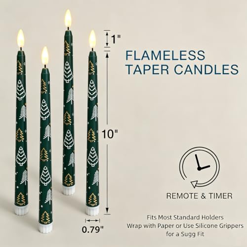 Image of Green Christmas Tree Flameless Taper Candles with Remote Set of 4