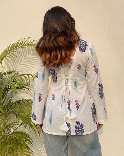 Image of ANNI Designer Women's Viscose Blend Printed Short Kurti | Ethnic Printed Tunic Top | V Neck Lace Detail | Full Sleeve Hip Length Kurta Top for Women