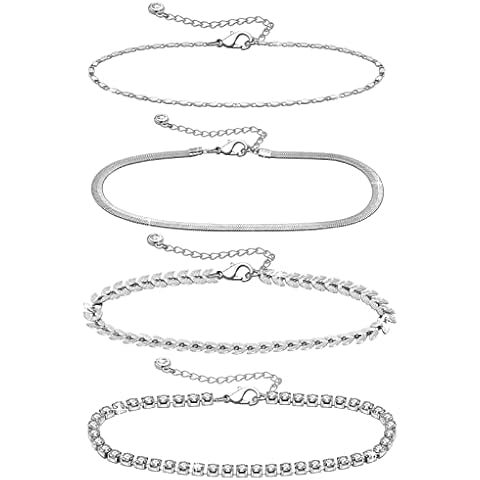 met-edianger Silver Anklet Bracelets Layered Anklets Set Beach Foot Chain for Women Sandals (Silver Anklet Set 4) Cover