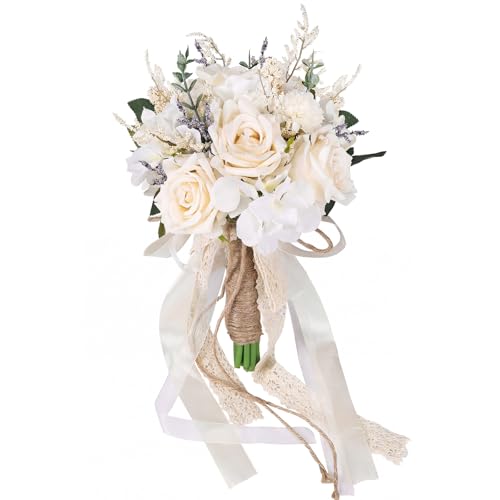CEWOR Wedding Bouquets for Bride Bridesmaid, White Champagne Artificial Roses Flowers Wedding...