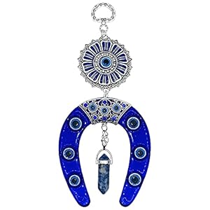 LUCKBOOSTIUM Evil Eye Horseshoe with Blue Crystal Pendant – Good Luck Charm Keychain, Happiness & Protection, Evil Eye Car Hanging Ornament, Rear View Mirror Accessories, Home, Office & Wall Amulet